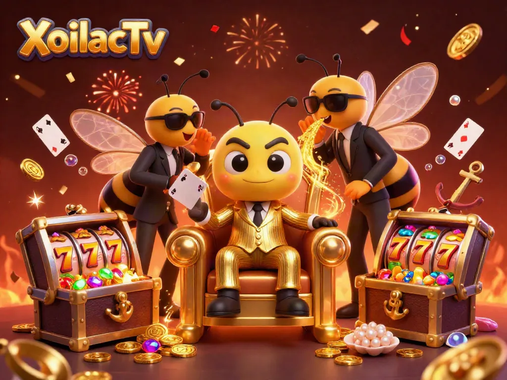 XoilacTv features lively slot bosses celebrating wins, showcasing vibrant casino elements in a dynamic 3D scene.