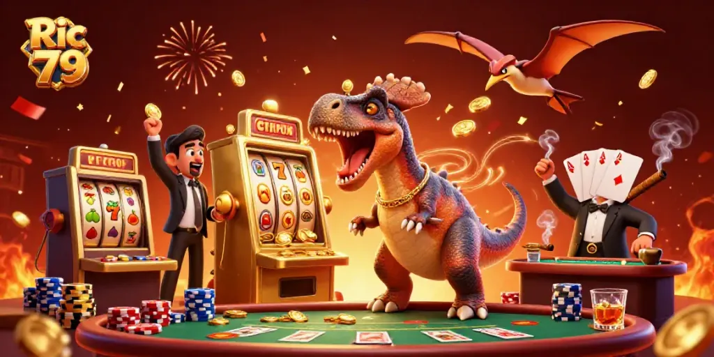 Experience the excitement of Ric 79 as dinosaurs engage with a slot machine in a dynamic casino scene.