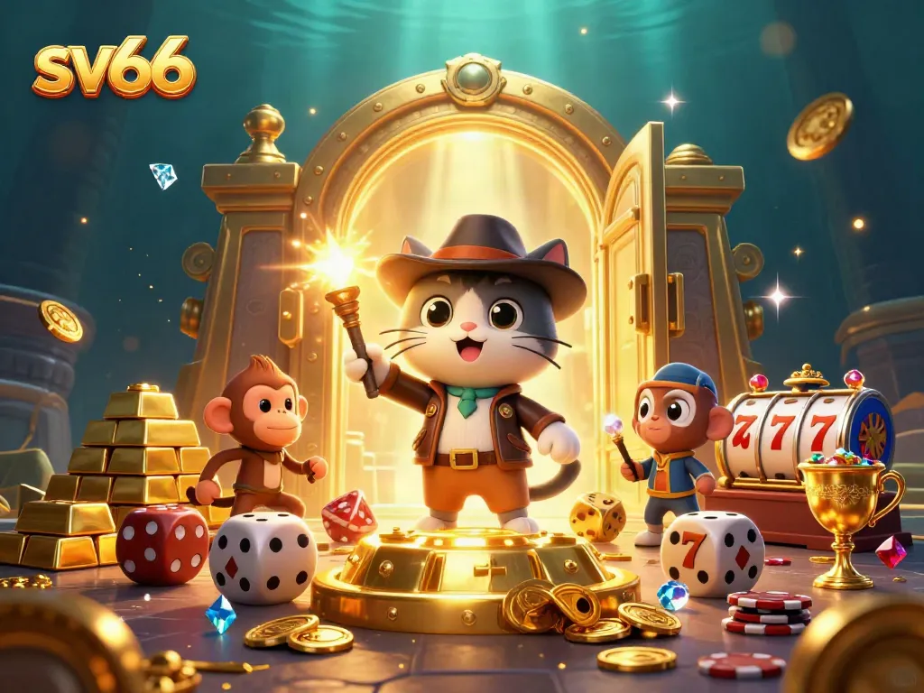 sv66 casino artifact discovered by a cat explorer amidst treasures and slot elements, illustrating dynamic gambling action.