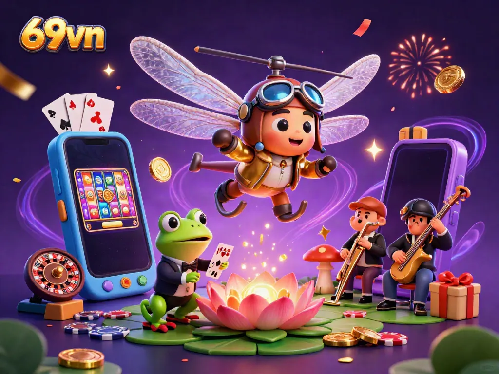 Engaging scene of 69vn with a dragonfly pilot, frog dealer, and jazz band amidst exciting gambling elements.