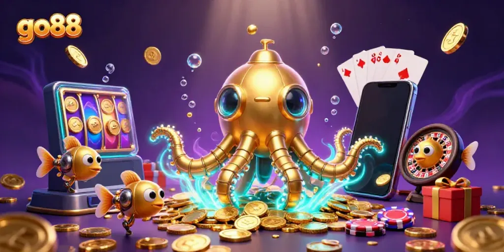 Experience the excitement of go88 with a golden kraken and dynamic casino elements emerging from an underwater treasure scene.