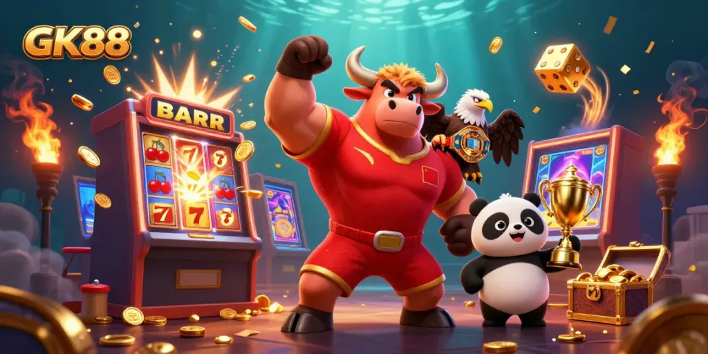 GK88 jackpot celebration with cartoon bull mascot and panda winning at a slot machine.