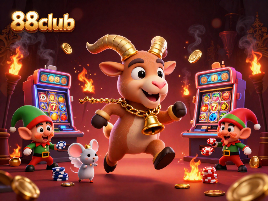 Experience the thrilling 88club casino adventure with festive characters and slot game excitement.