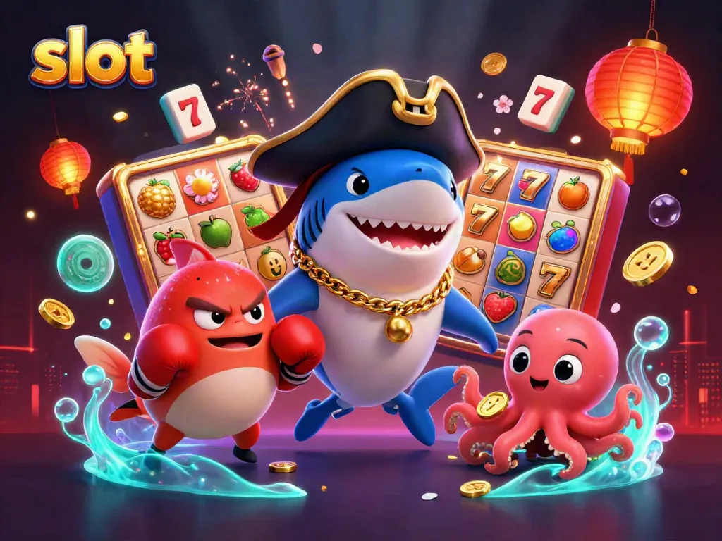 Spin the slot reels with a triumphant cartoon pirate shark and friends amidst colorful casino elements.