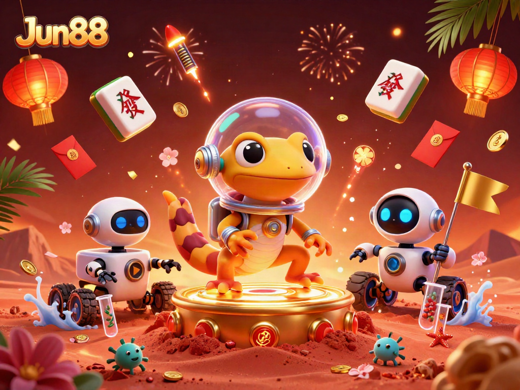 Jun88 showcases a vibrant casino adventure with a Martian gecko and treasures in stunning detail.