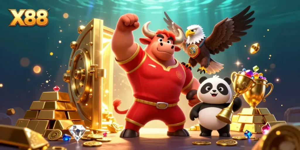 X88 wins a jackpot as the muscular bull mascot celebrates, showcasing vibrant casino elements.