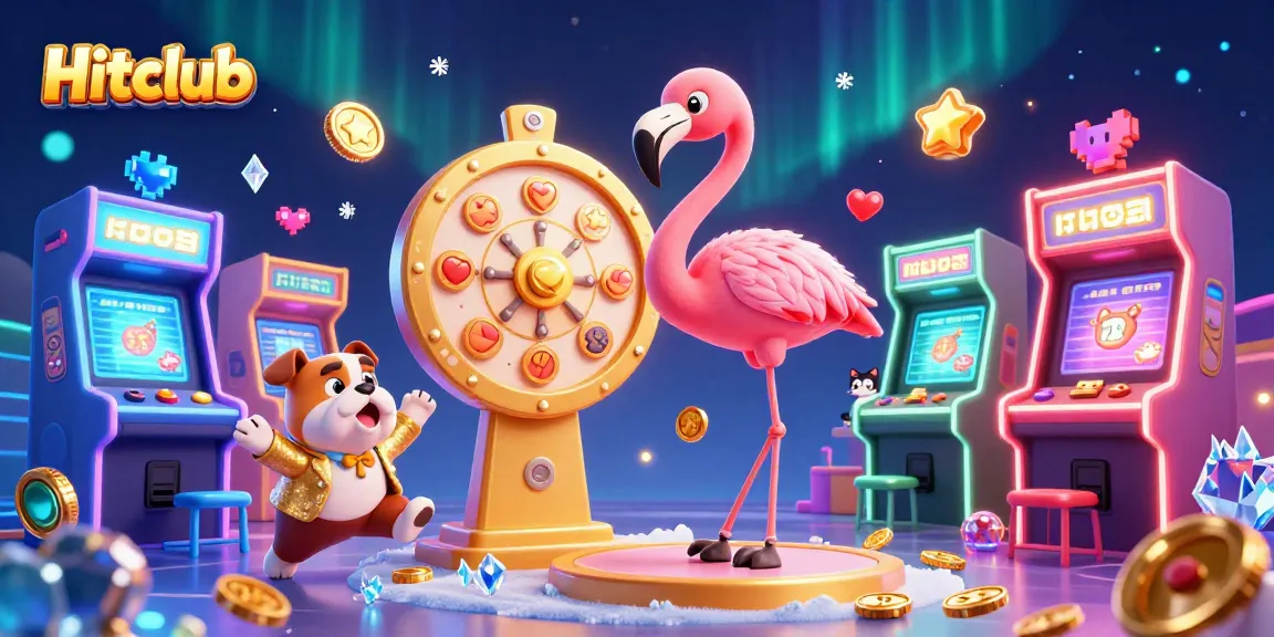 Hitclub showcases vibrant casino fun with a flamingo host and bulldog contestant spinning the prize wheel.