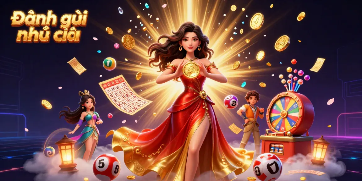 Engage in Đánh giá nhà cái with a captivating illustration of a lady holding a golden coin amid lottery elements.