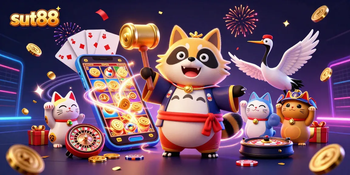 Sut88 brings excitement in a vibrant 3D casino scene with a lucky tanuki and fortune cats celebrating wins.