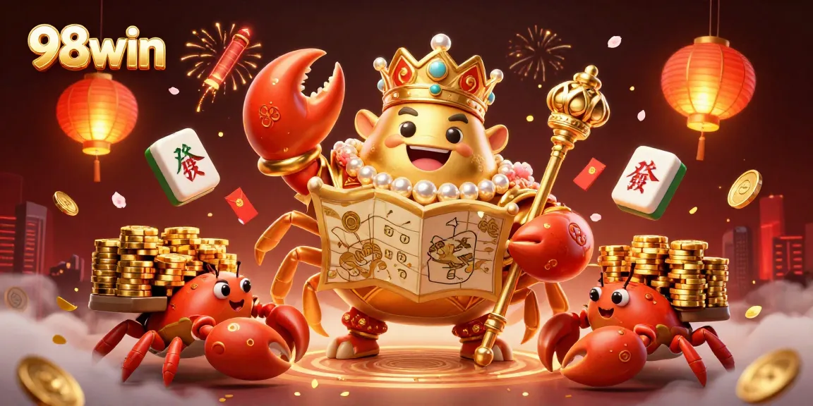 Engage with 98win's thrilling gaming world featuring a regal crab emperor and rich gaming visuals.