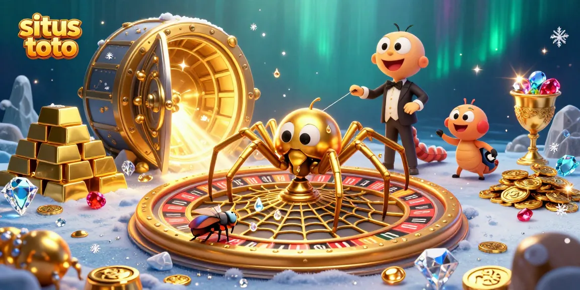 Engage with situs toto online gaming through a vibrant illustration depicting a roulette-themed web.