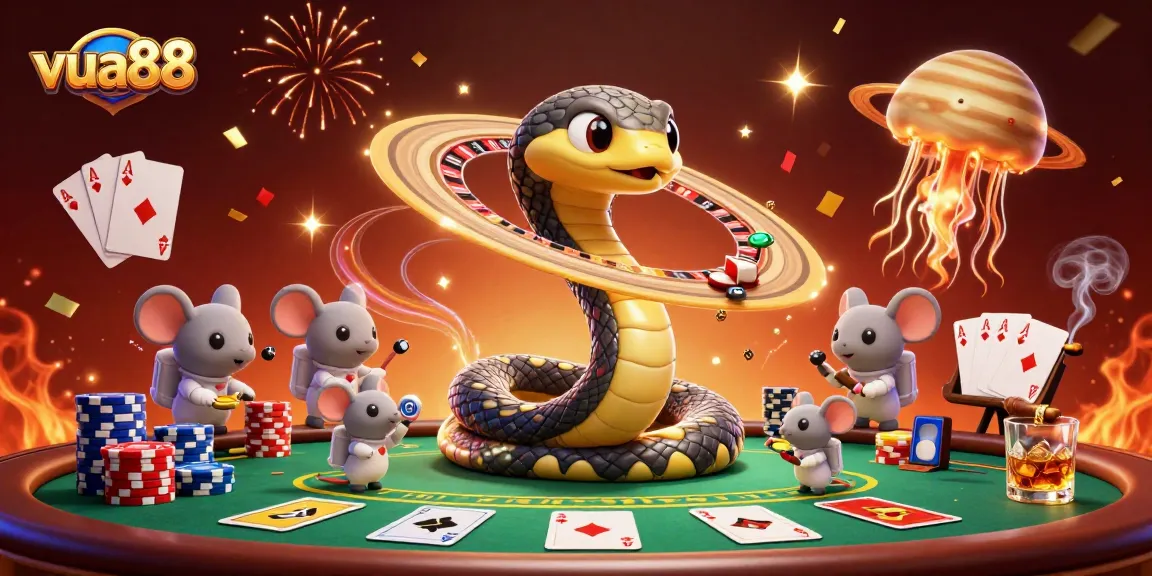 Place bets at Vua88 with a vibrant cosmic casino featuring a roulette wheel and poker elements.