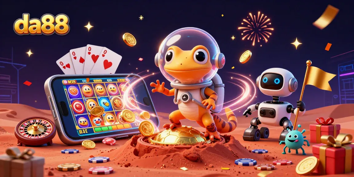 da88 showcases a Martian gecko celebrating big wins in an alien casino while playing colorful games.