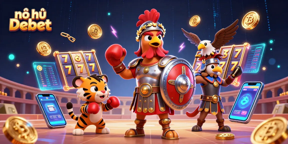 Engage with the nổ hũ Debet world, featuring slot reels and 3D characters in a casino scene.