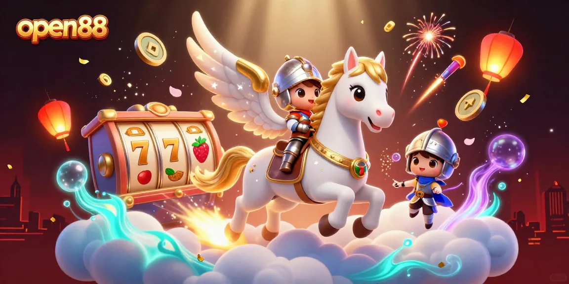 Engage with open88's dynamic casino adventure featuring a magical horse and knight amidst vibrant game symbols.