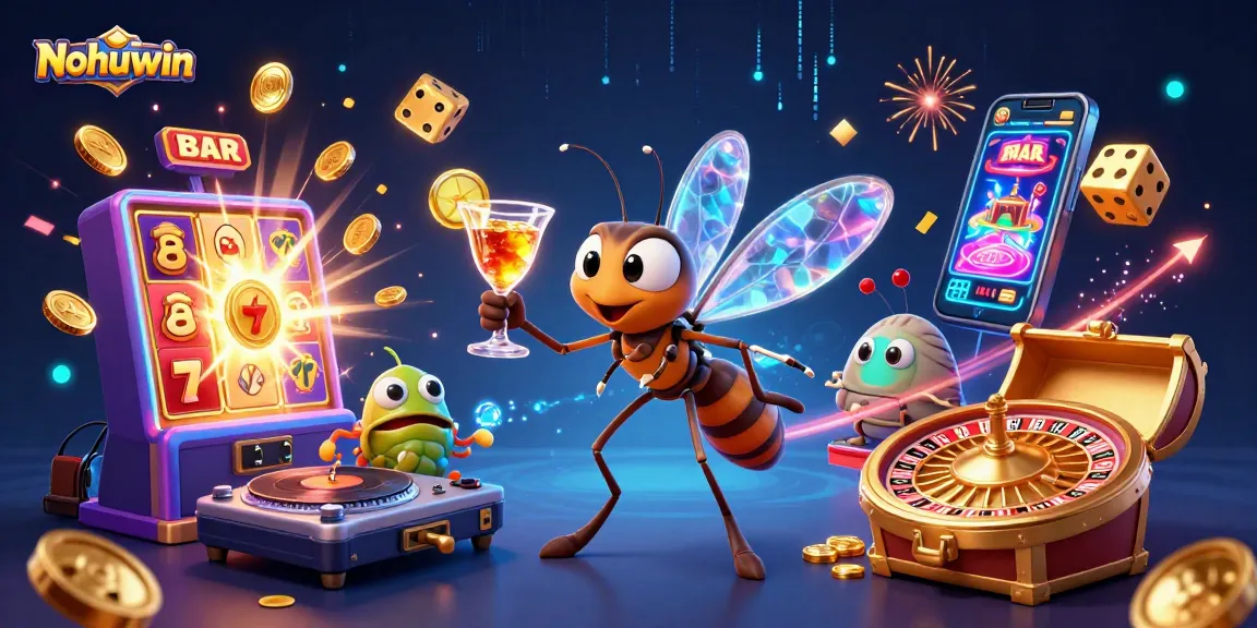 Engage with Nohuwin's vibrant casino world featuring a lively mascot, golden roulette, and bursting jackpots.