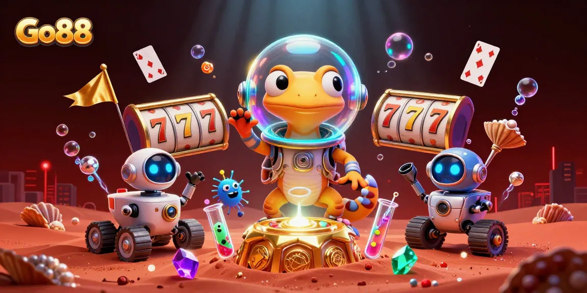 Go 88 presents a vibrant scene featuring a Martian gecko discovering a golden casino amidst galactic treasures.