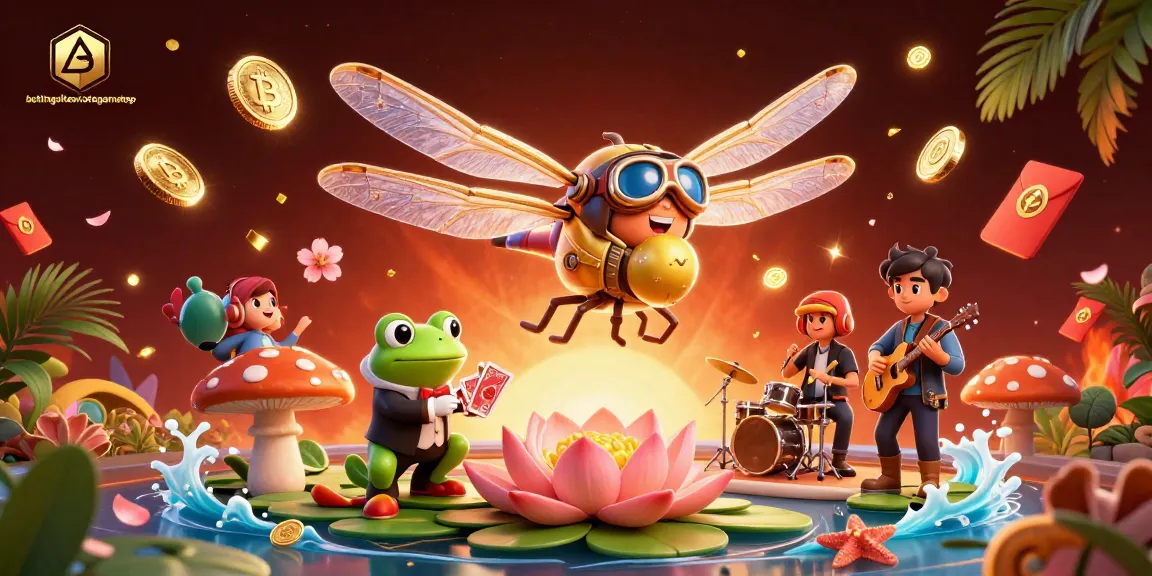 Experience the vibrant world of bettingsitesnotongamstop with a dragonfly pilot at a lily pad casino, surrounded by crypto-themed elements.
