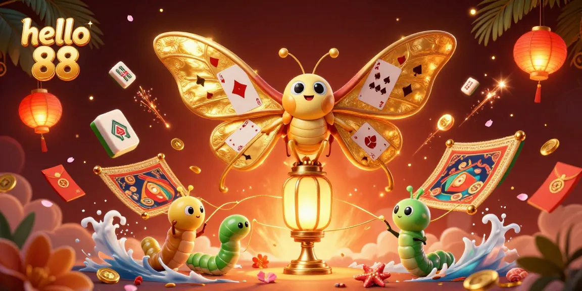 Experience the vibrant allure of hello 88 with golden casino-themed scenes crafted by a majestic moth and companions.