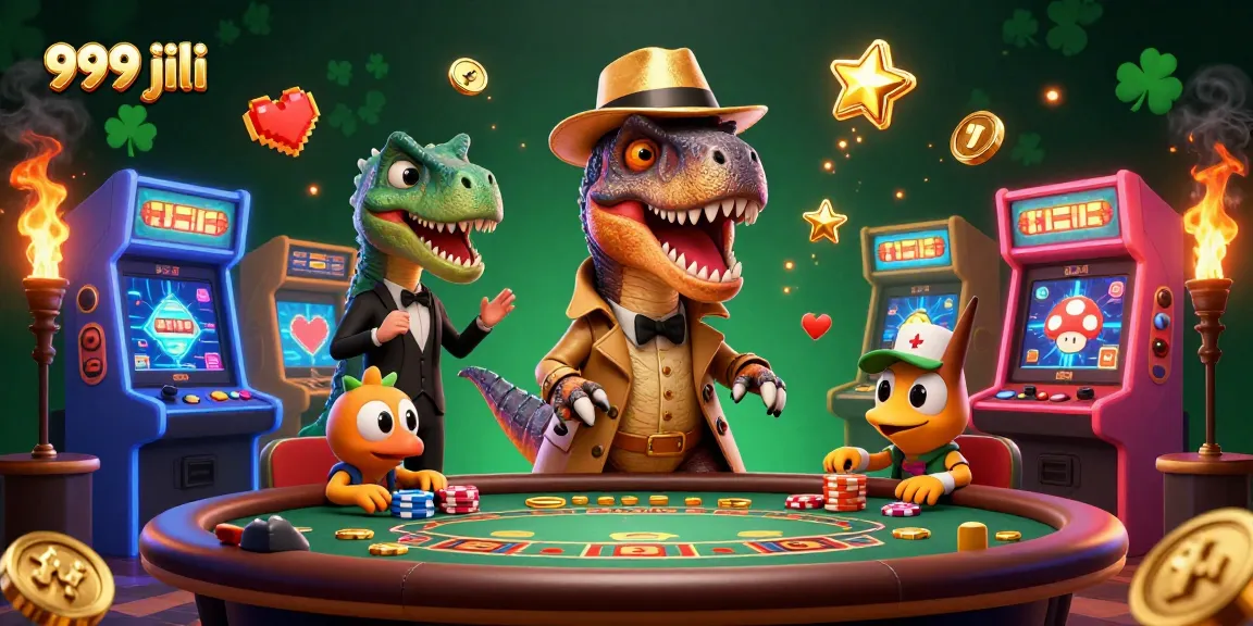 Experience the excitement of 999 jili with a cartoon velociraptor at the blackjack table amidst vibrant casino elements.