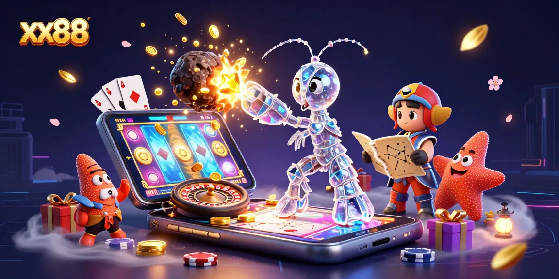 Engage with xx88 slots featuring vibrant treasures and fast-paced action in this dynamic 3D illustration.