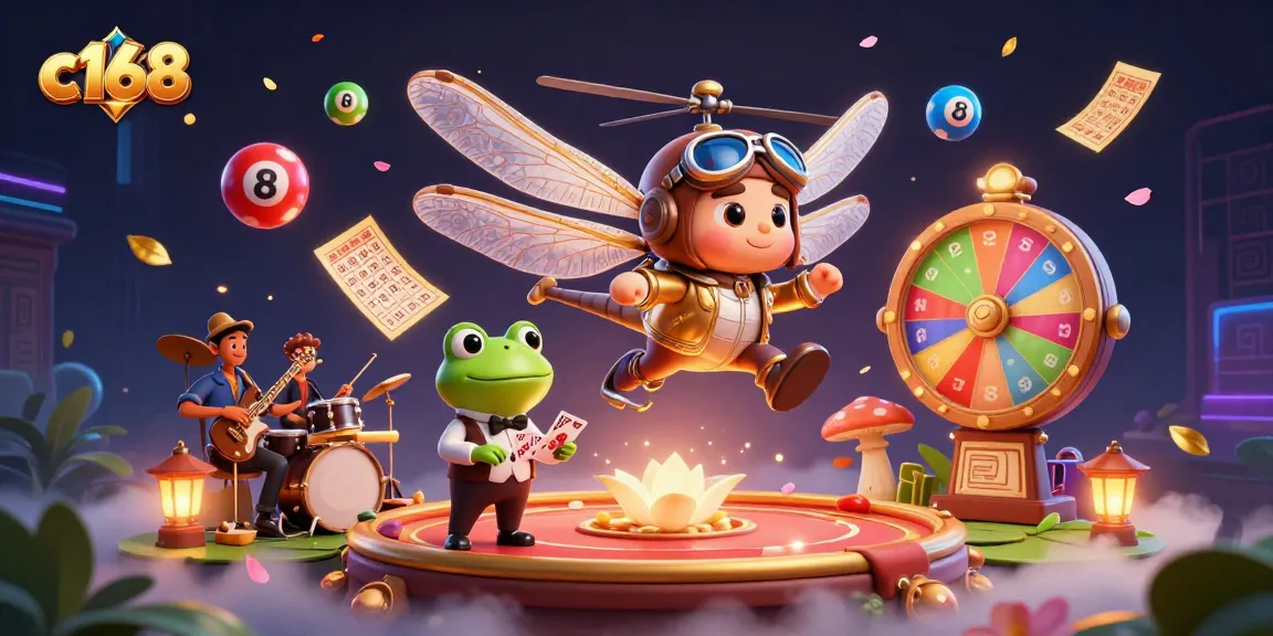 Experience thrilling moments at c168 with a vibrant 3D casino illustration, showcasing dynamic lottery excitement and cards playing action.