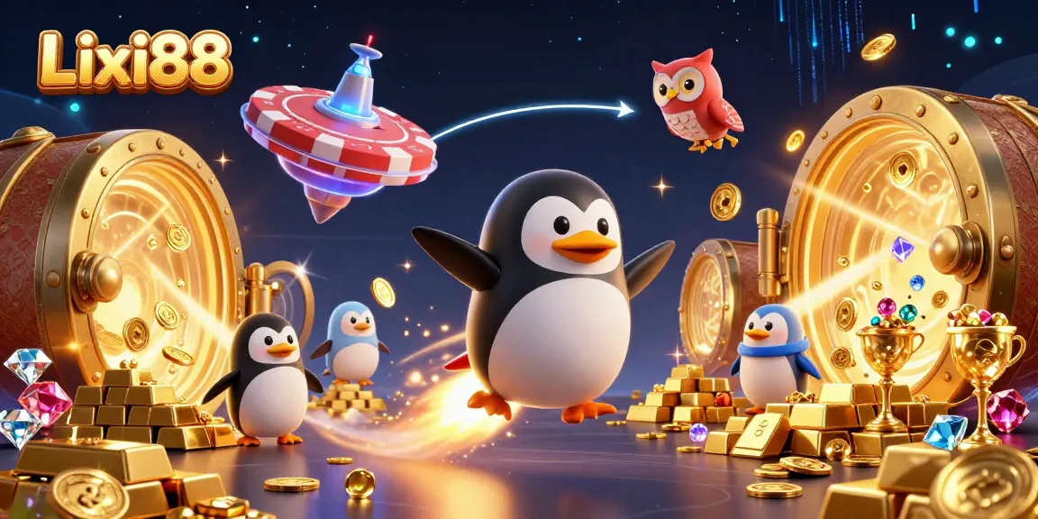 Lixi88 unleashes a dynamic scene with a penguin, coins, and bright casino elements.