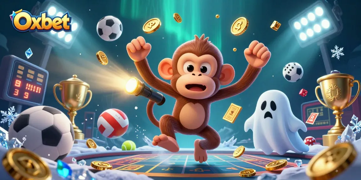 Oxbet's dynamic gambling scene showcases a playful poltergeist monkey juggling treasures in a haunted casino.