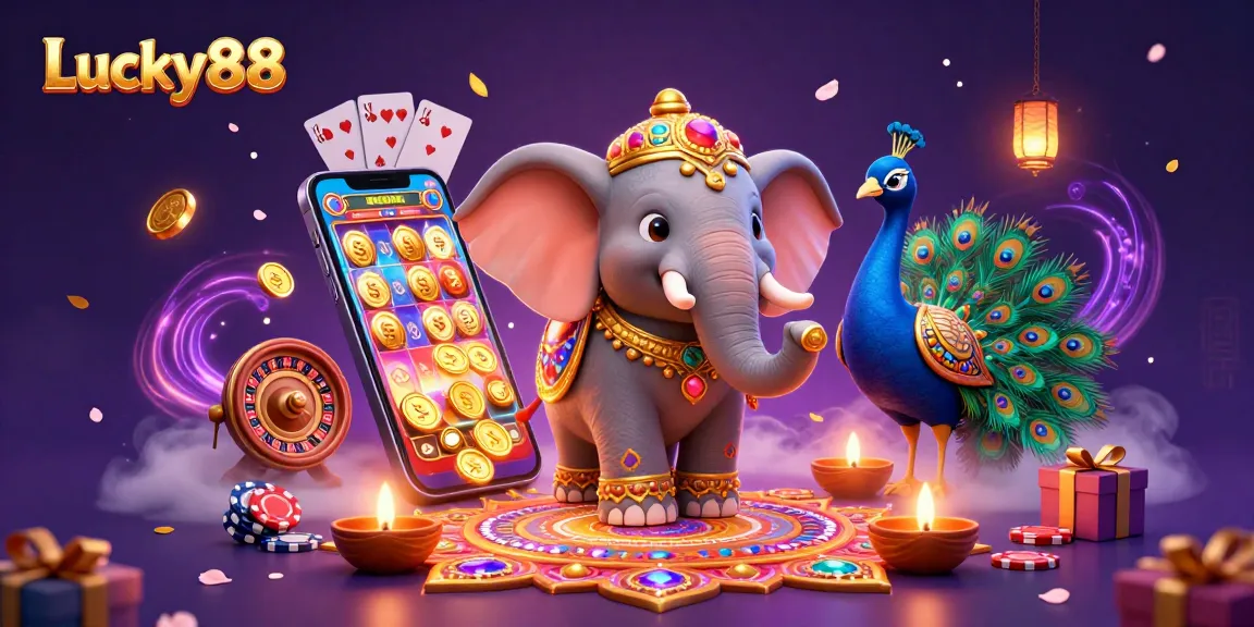 Play Lucky88 with vibrant 3D illustrations of an elephant and peacock in action.