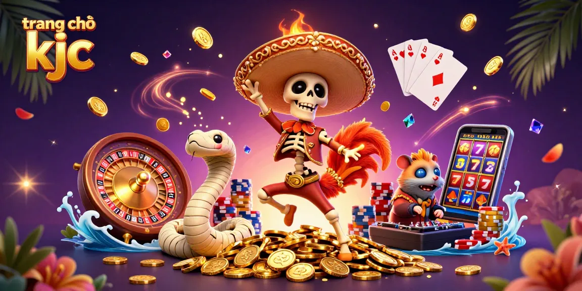 Experience the excitement of trang chủ kjc with animated characters celebrating around casino elements.