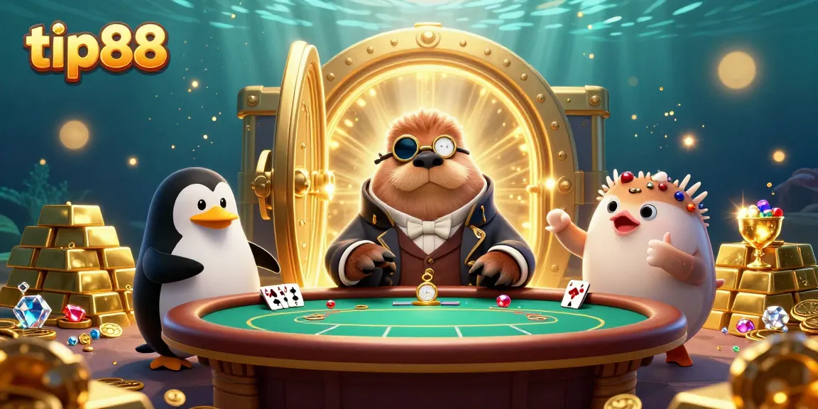Experience thrilling poker action with tip88 featuring a jolly walrus and sophisticated penguin dealer.