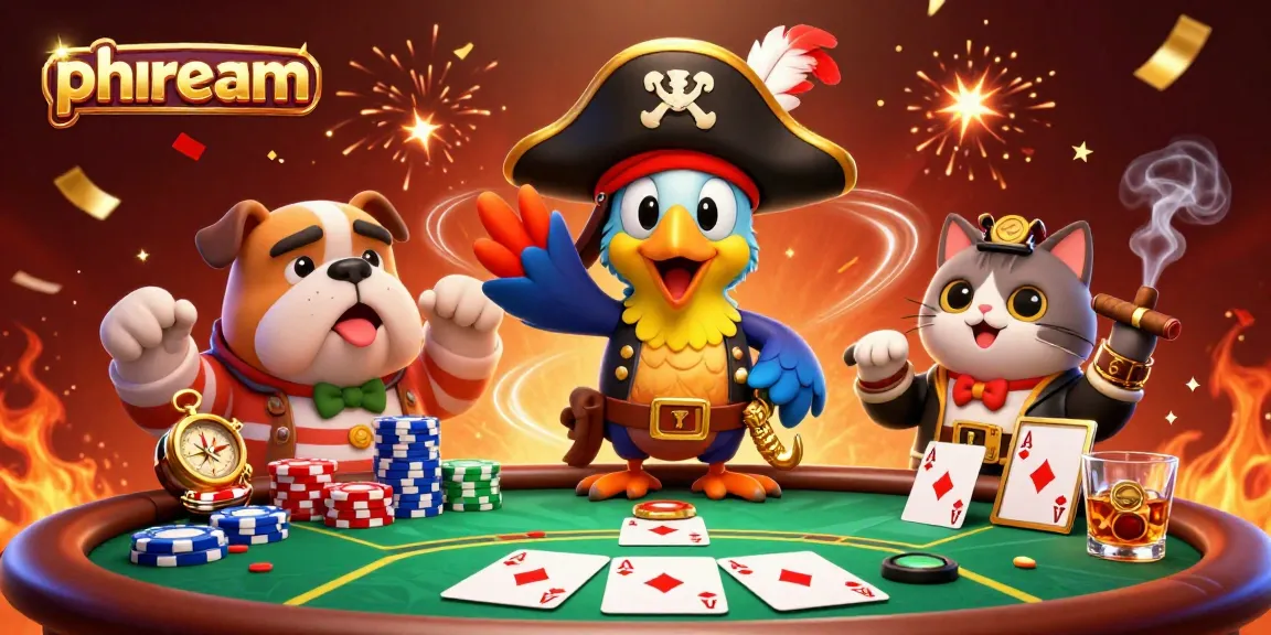 phdream showcases an animated casino scene with pirate characters, vibrant poker elements, and energetic design.