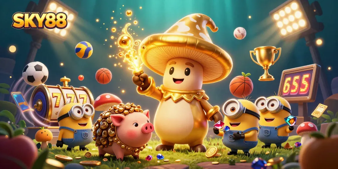 Engage with exciting slots and sports betting at SKY88 with vibrant game elements and treasures.