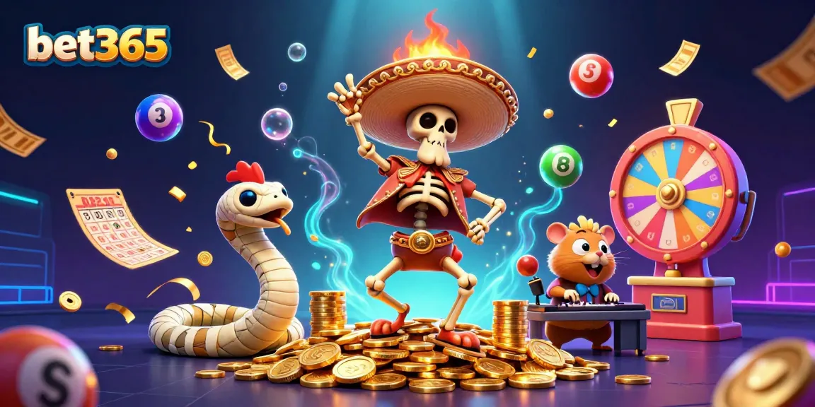 Engaging bet365 scene featuring a festive skeleton mariachi rooster, mummy snake, and zombie DJ celebrating with colorful lottery elements.
