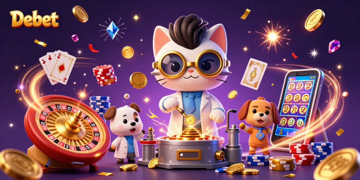 Experience fun at Debet casino with mad scientist cat and assistant amidst golden coins and colorful poker chips.