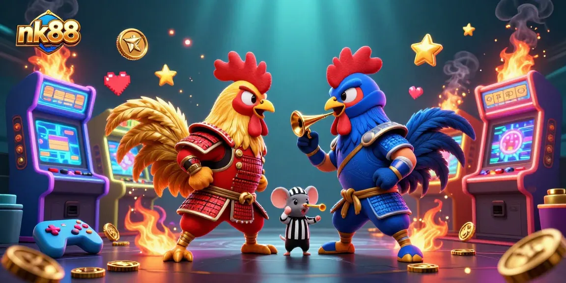 Engage in thrilling games with nk88, featuring epic rooster fighters in a vibrant casino atmosphere.