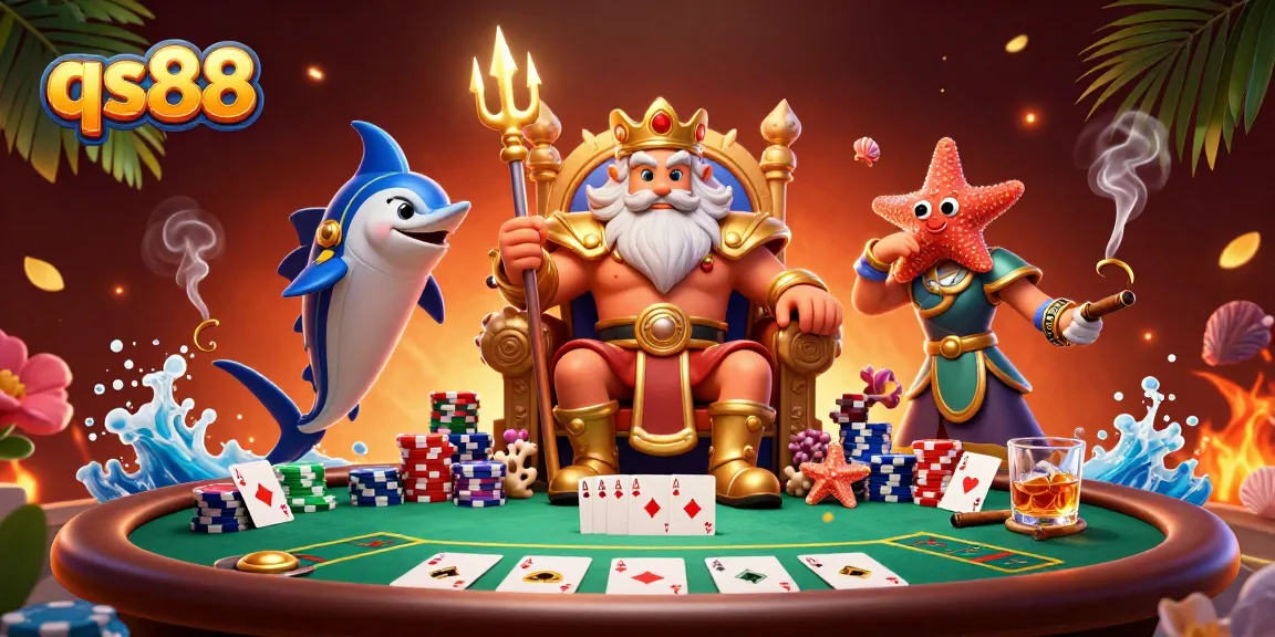 Engage in poker action with qs88’s immersive 3D casino scene featuring Neptune and friends.