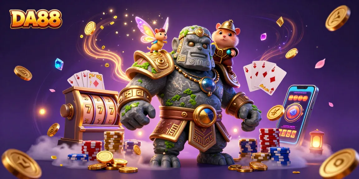 Engage with DA88 as lively characters spin slots and soar through cascades of coins