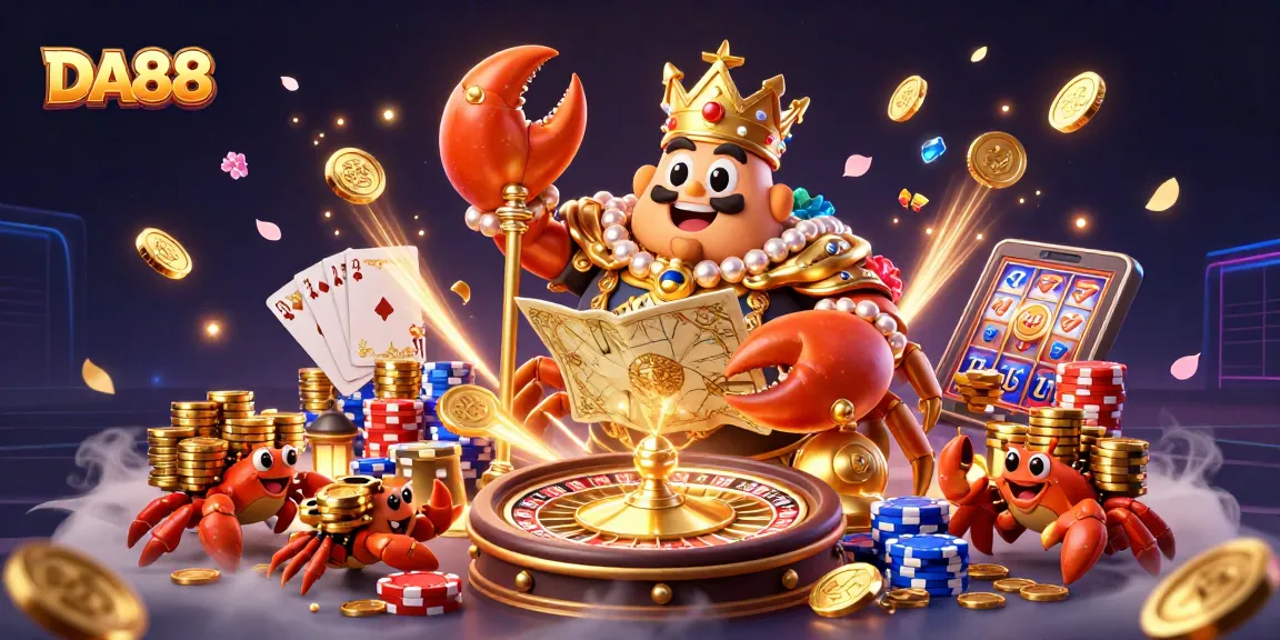 Experience the opulence of DA88 with a vibrant casino scene featuring treasure maps and golden chips.