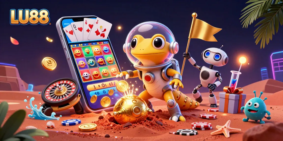 Win big at LU88 with an exciting 3D casino scene featuring Martian gecko and slot games.