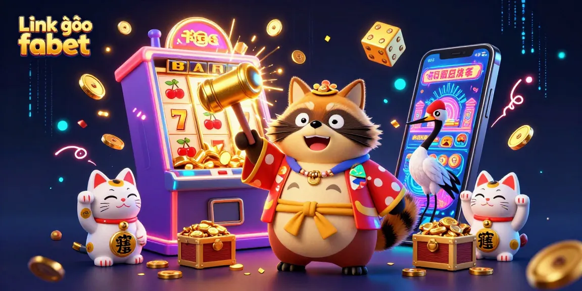 Win big at Link vào fabet with a lively 3D illustration featuring cheerful characters and vibrant casino elements.