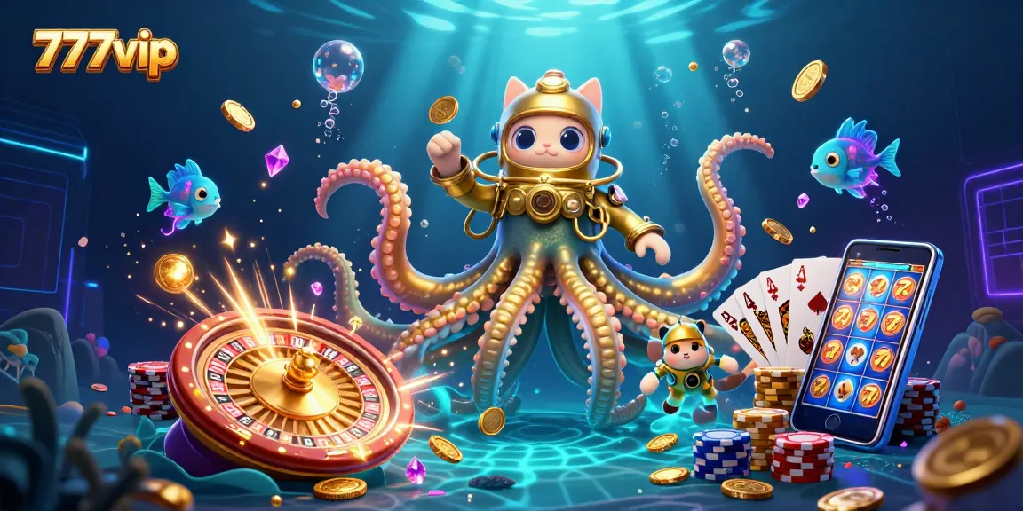 Experience thrilling wins with 777vip's vibrant 3D casino scene showcasing a kraken, diving cat, and deep-sea fish.