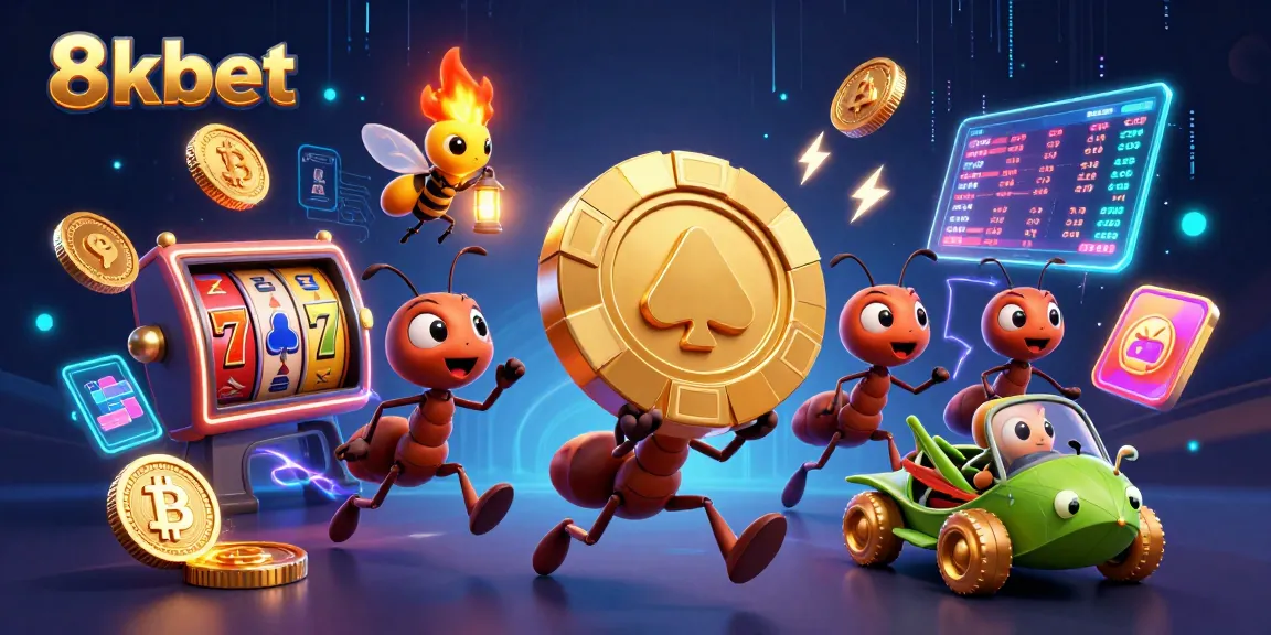 Experience thrilling casino action with 8xbet as a team of ants heist golden poker chips in vibrant 3D.