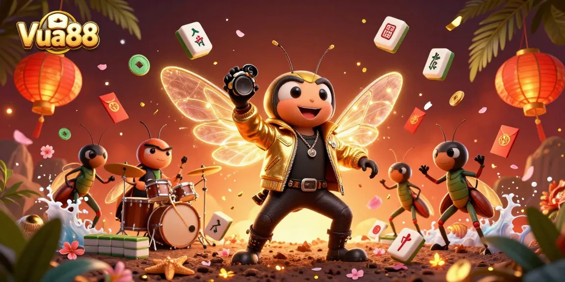 Vua88 showcases a vibrant 3D illustration of a rock star cicada performing amidst dynamic casino elements.