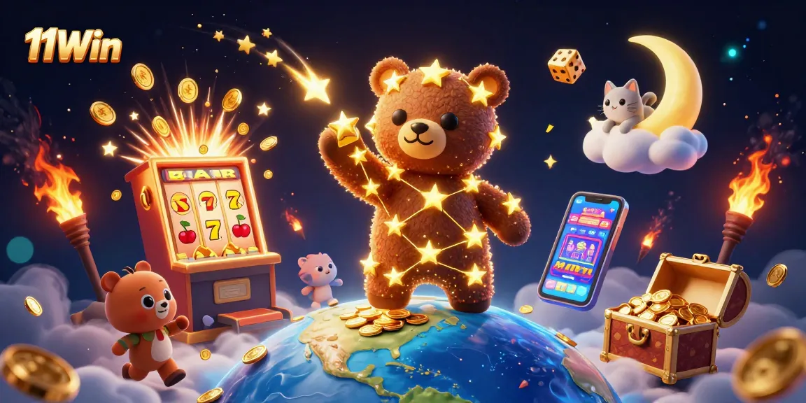 Join the excitement with 11Win as the constellation bear scoops coins from Earth surrounded by casino games.