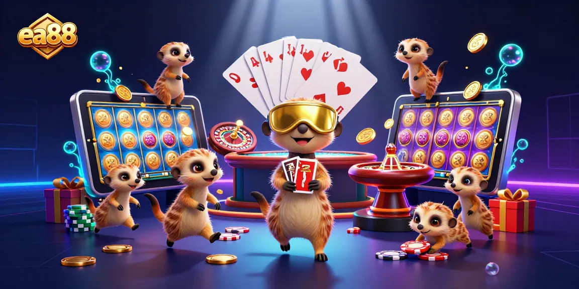 Engage with thrilling gaming experiences at ea88's vibrant casino, featuring colorful games and energetic meerkats.