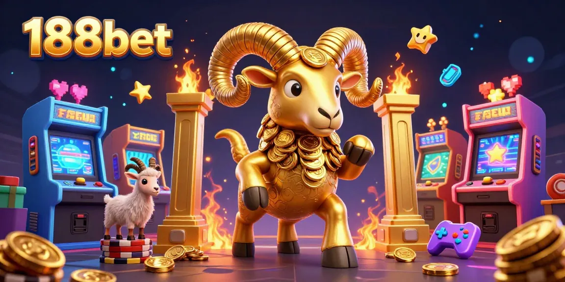 Experience thrilling action in 188bet's vibrant casino landscape featuring a golden ram and colorful game machines.