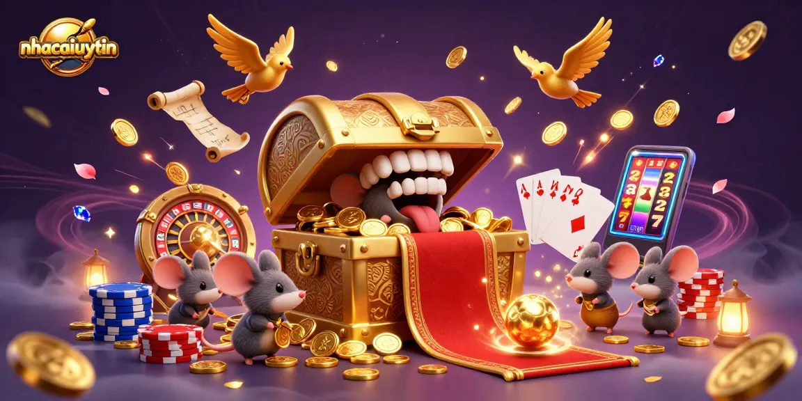 Engage with nhacaiuytin: Adventurer mice explore a vibrant casino treasure scene filled with golden coins and gem stones.