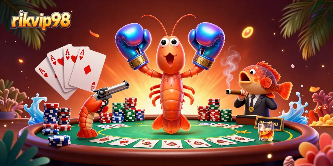 Experience thrilling poker action with rikvip98 featuring 3D mantis shrimp and vibrant casino elements.