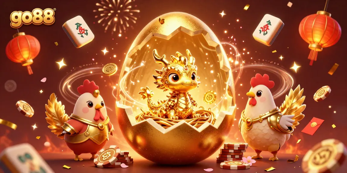 Experience the excitement of go88 as a golden dragon emerges from a golden egg amidst vibrant casino elements.
